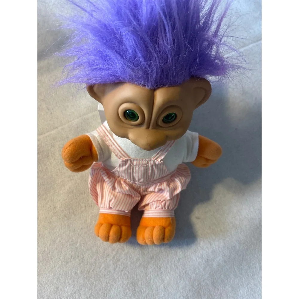 1992 Soma Troll Doll Purple Hair Orange‎ Overalls Plush Toy 90s Nostalgia